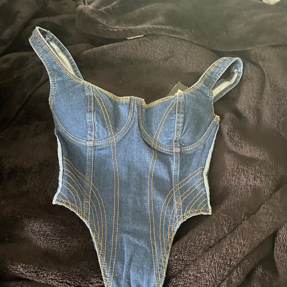 Adidas X Ivy Park Rodeo Denim Bodysuit Dark Denim Women Size S - Picture 2 of 4